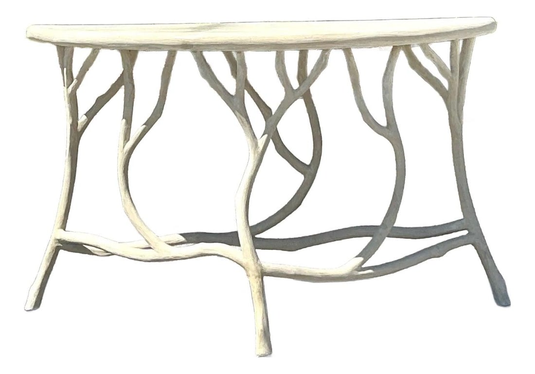 Vintage Currey and Company Faux Bois Cement Console Table 48.5 x 18.5 x 29.5 Oyster Gray: Vintage Currey and Company Faux Bois Cement Console Table 48.5 x 18.5 x 29.5 Oyster Gray Capture the essence of organic beauty with this stunning vintage faux bois cement console table by Currey & Com
