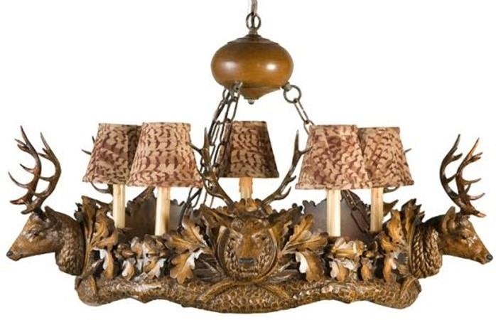 Hand-Cast Stag Head Lodge Bowl Chandelier 20H x 33W x 33D: Hand-Cast Stag Head Lodge Bowl Chandelier 20H x 33W x 33D Illuminate your space with this exquisite Hand-Cast Stag Head Lodge Chandelier, a true masterpiece that combines rustic charm with artistic cr