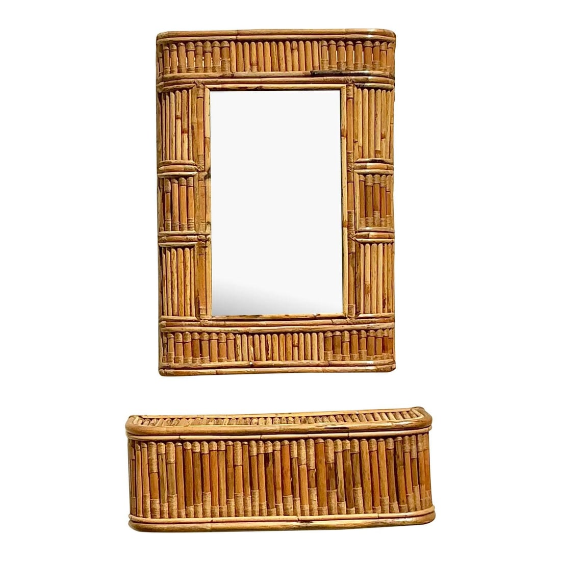 Vintage Coastal Bamboo Rattan Console Table and Mirror Set: Vintage Coastal Bamboo Rattan Console Table and Mirror Set Enhance your home with this exquisite vintage coastal console mirror and table set, featuring intricate woven rattan details. The mirror boas