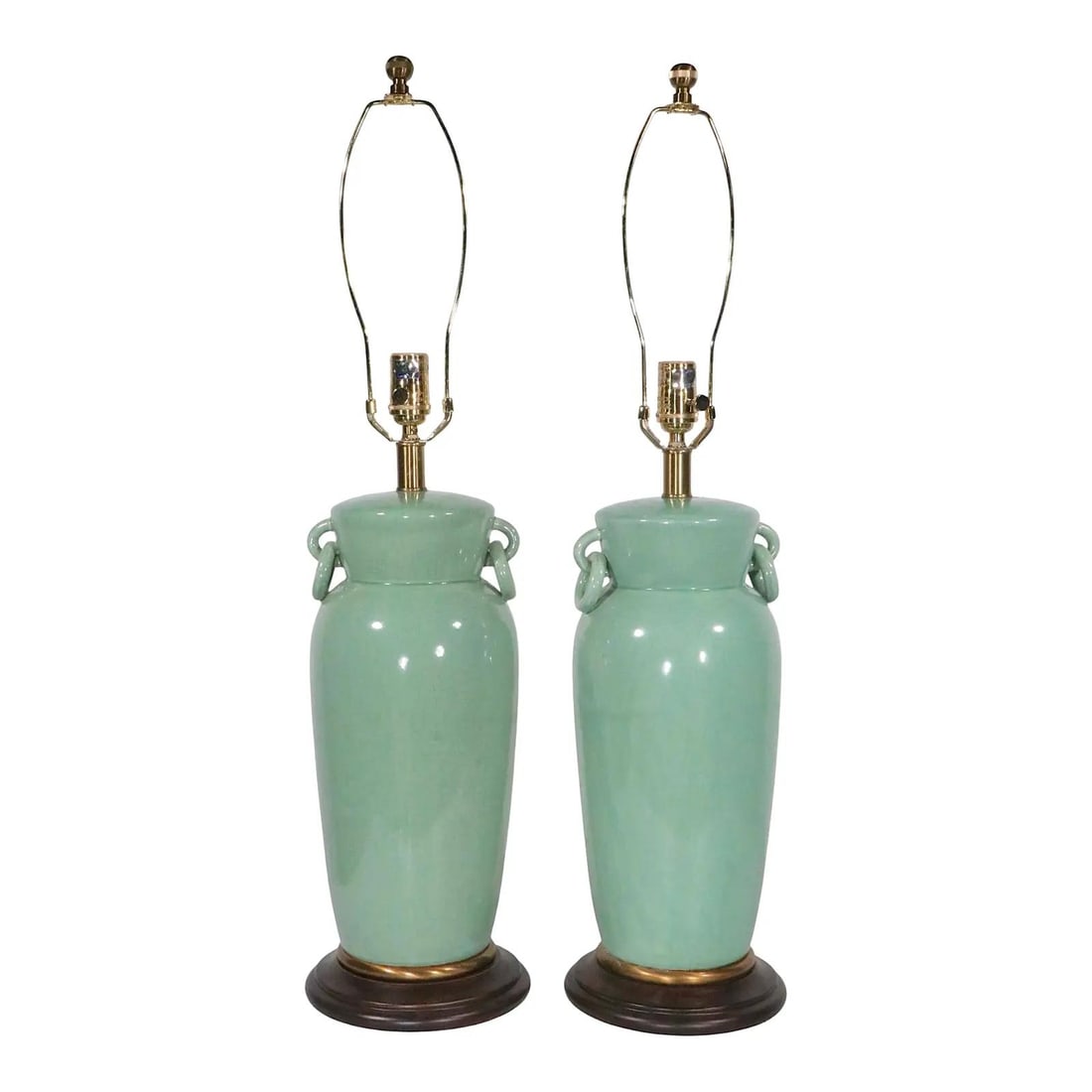 Vintage Frederick Cooper Celadon Crackle Glaze Table Lamps Pair: Vintage Frederick Cooper Celadon Crackle Glaze Table Lamps Pair This stylish pair of vintage table lamps, designed by Frederick Cooper in the mid-20th century, showcases a beautiful Celadon color glaz