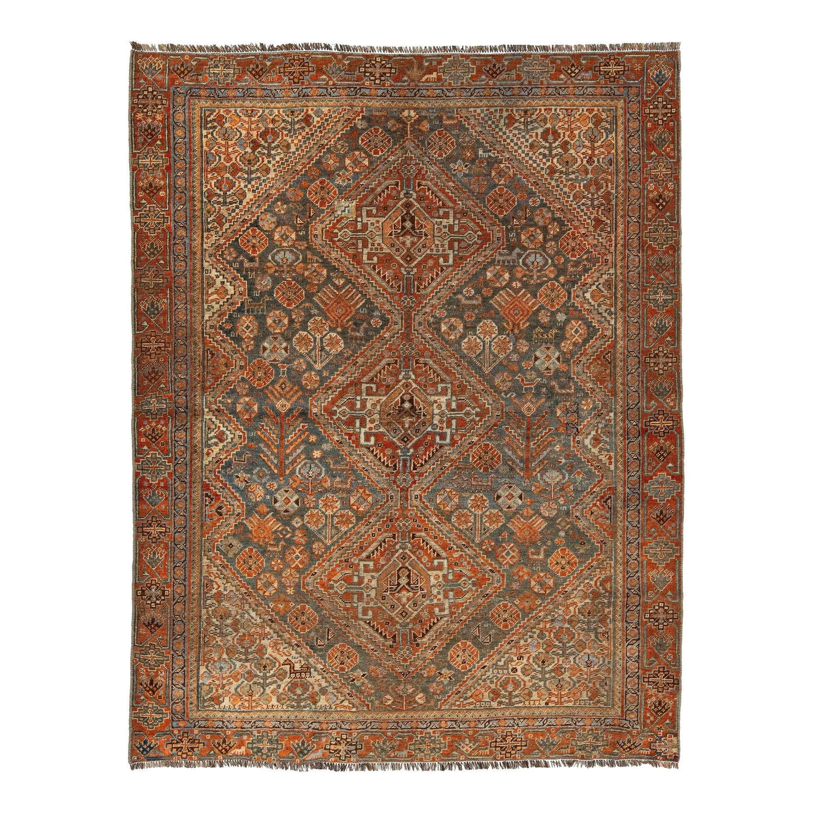 Antique Persian Shiraz Wool Rug Tribal Design Blue Rust Accents 4'4 x 5'7: Antique Persian Shiraz Wool Rug Tribal Design Blue Rust Accents 4'4 x 5'7 This Antique Persian Shiraz wool rug features a captivating allover tribal design with elegant beige and rust accents set agai