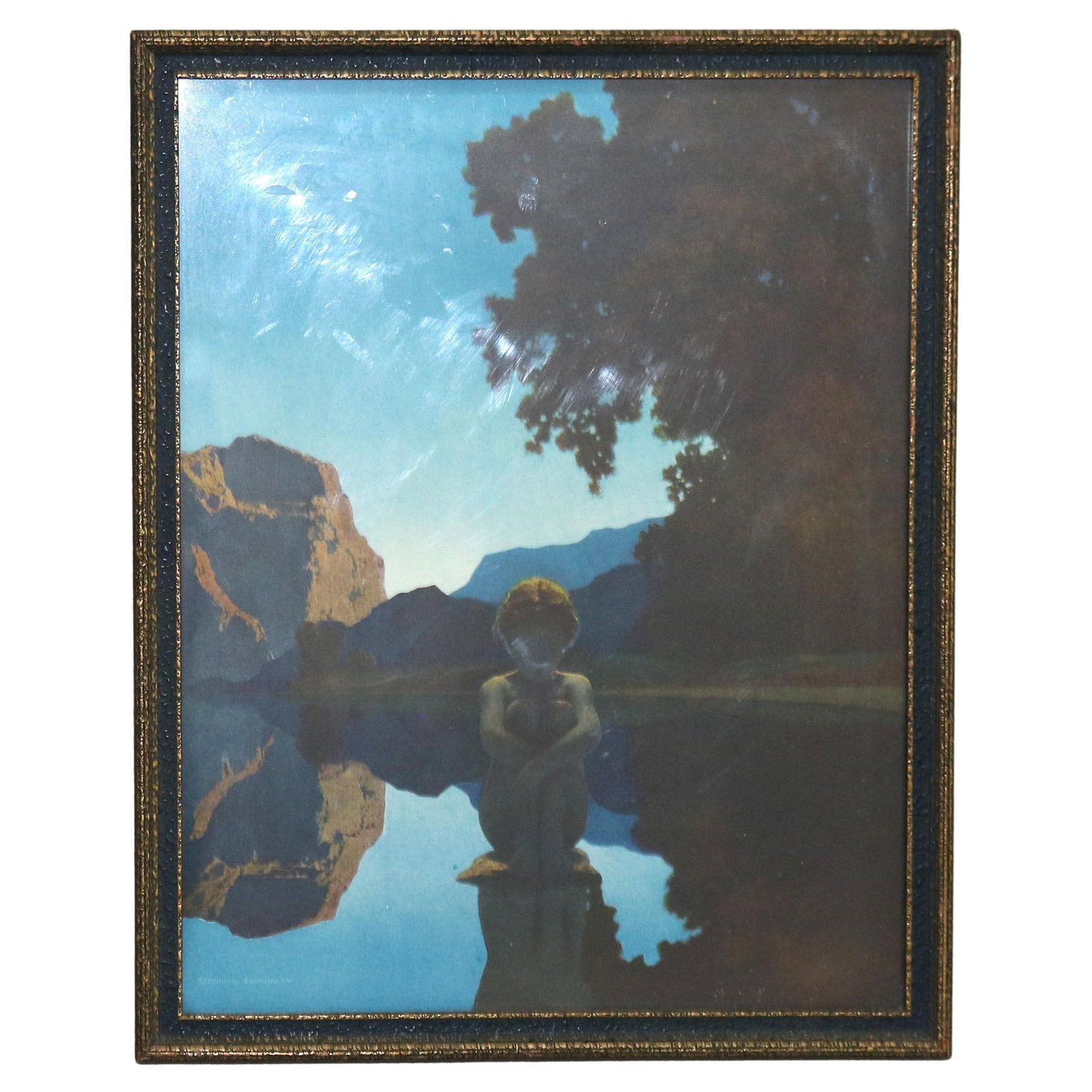 Maxfield Parrish Art Deco Print Evening C1930 16.25x13.25: Maxfield Parrish Art Deco Print Evening C1930 16.25x13.25 This exquisite antique print by Maxfield Parrish, titled "Evening," showcases the iconic Art Deco style from around 1930. The print is a stunn