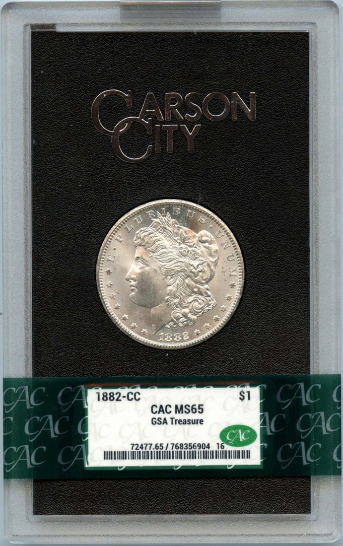 1882-CC Morgan Dollar GSA CACG Certified MS65 Uncirculated: 1882-CC Morgan Dollar GSA CACG Certified MS65 Uncirculated This 1882-CC Morgan Dollar is a remarkable piece, certified by CACG with a grade of MS65. Struck in Carson City, this uncirculated coin showc