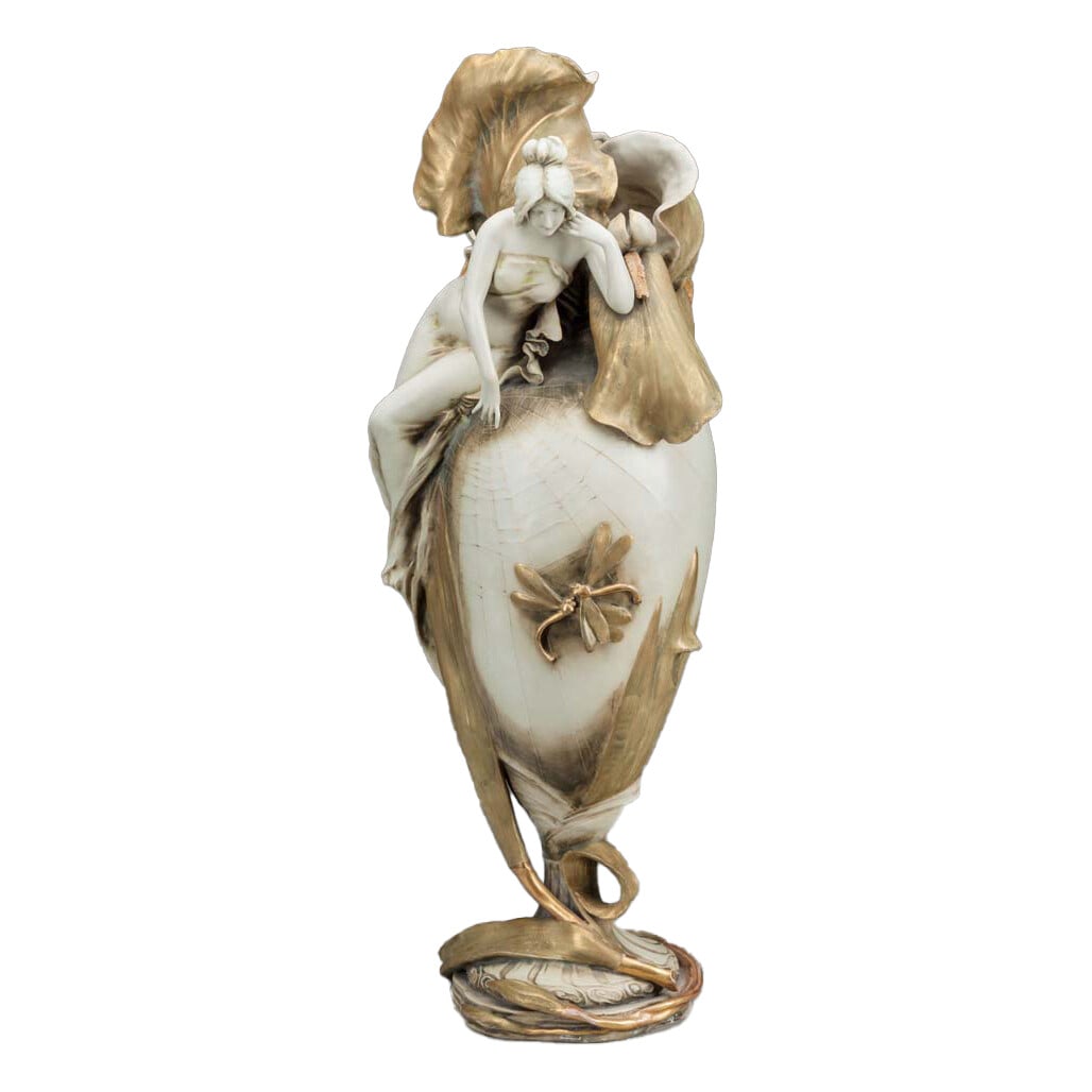 Antique Art Nouveau Amphora Vase Gold Gilt Figural Lady 21 inches: Antique Art Nouveau Amphora Vase Gold Gilt Figural Lady 21 inches This exquisite Art Nouveau Amphora Vase showcases a stunning Bohemian style with intricate gold gilt detailing and beautifully painted