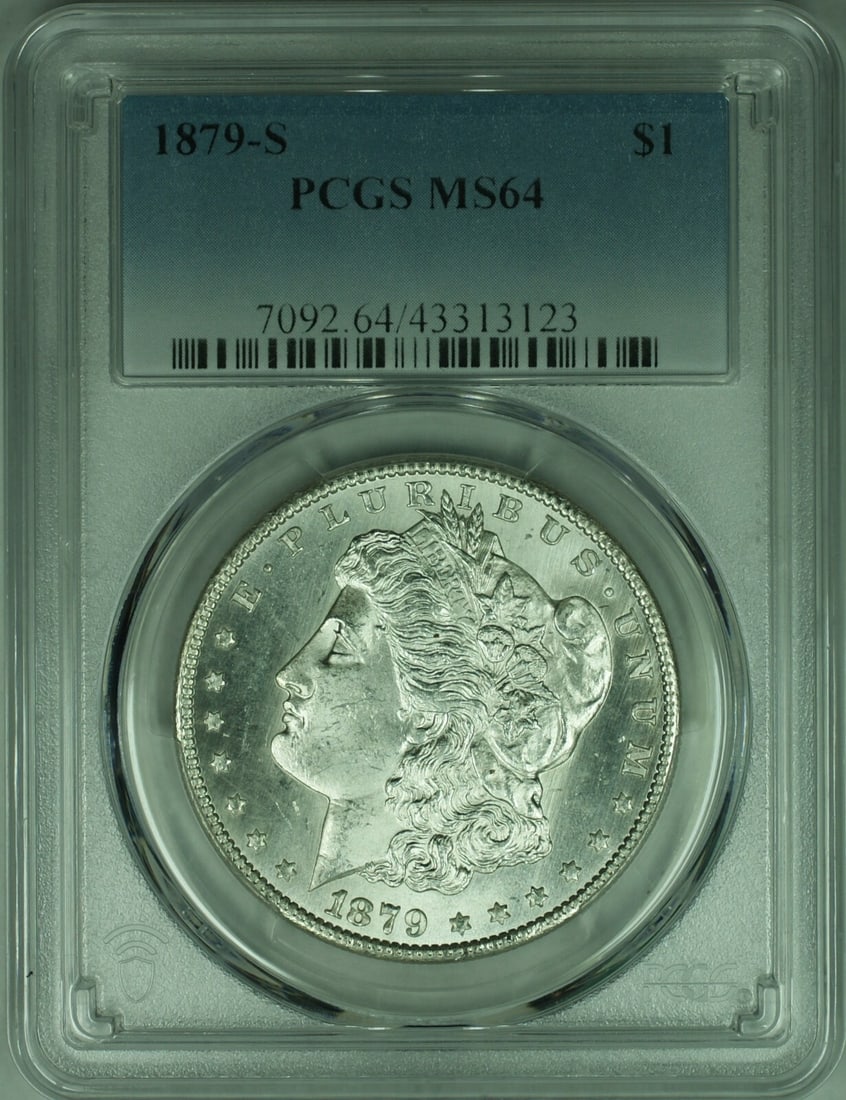 1879-S Morgan Silver Dollar Coin PCGS MS 64 Uncirculated: 1879-S Morgan Silver Dollar Coin PCGS MS 64 Uncirculated This 1879-S Morgan Silver Dollar Coin is a stunning piece, certified by PCGS with a grade of MS 64 indicating its uncirculated condition. Minte