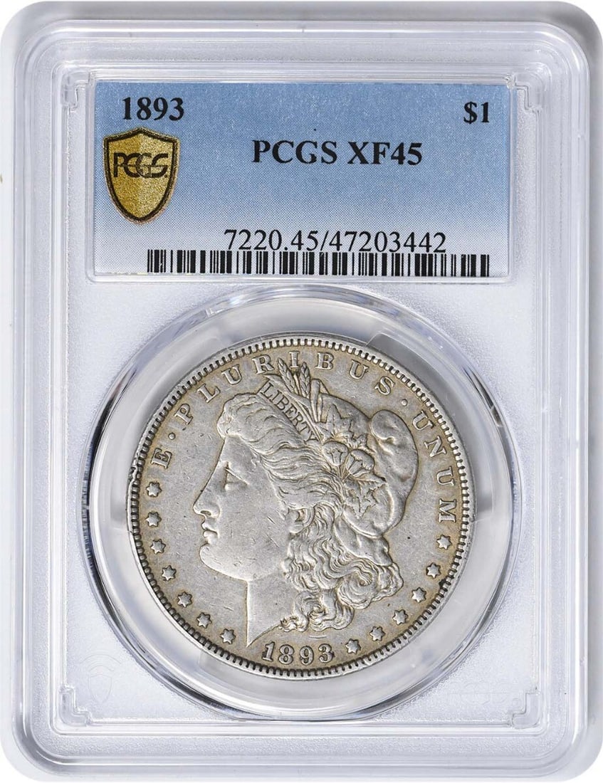 1893 Morgan Silver Dollar EF45 PCGS 90% Silver Coin: 1893 Morgan Silver Dollar EF45 PCGS 90% Silver Coin This 1893 Morgan Silver Dollar, graded EF45 by PCGS, is a remarkable piece of numismatic history. The coin features a stunning design by George T. M