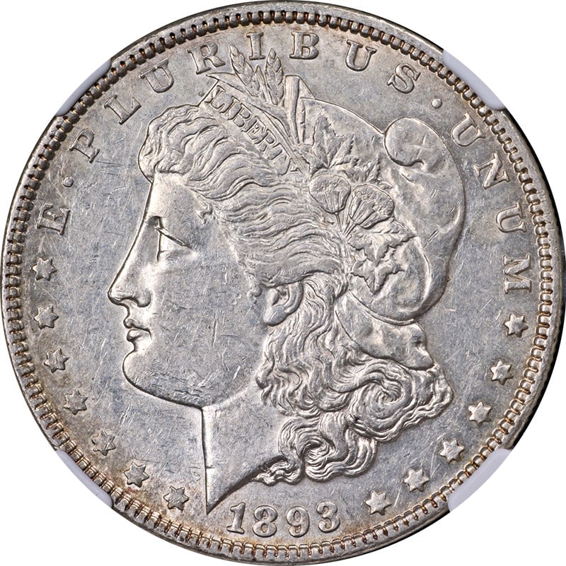 1893-P Morgan Silver Dollar NGC AU55 Silver Coin: 1893-P Morgan Silver Dollar NGC AU55 Silver Coin This 1893-P Morgan Silver Dollar is graded AU55 by NGC, showcasing decent eye appeal and a nice strike. Minted in Philadelphia, this coin is composed o