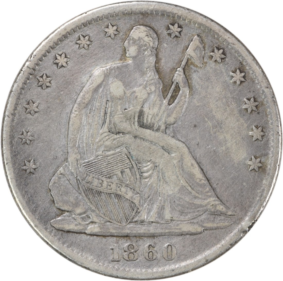 1860 Liberty Seated Half Dollar 50C EF Uncertified Philadelphia Mint: 1860 Liberty Seated Half Dollar 50C EF Uncertified Philadelphia Mint This 1860-S Liberty Seated Half Dollar features a beautiful design by Thomas Sully and Christian Gobrecht. It is a circulated coin