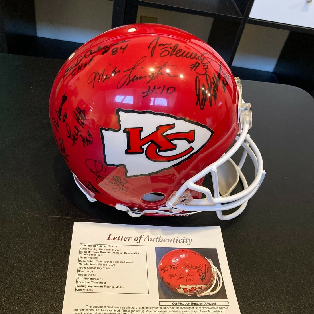 1969 Kansas City Chiefs Super Bowl IV Signed Helmet with JSA COA: 1969 Kansas City Chiefs Super Bowl IV Signed Helmet with JSA COA This is an extremely rare full-size authentic game helmet from the 1969 Kansas City Chiefs, commemorating their victory at Super Bowl I