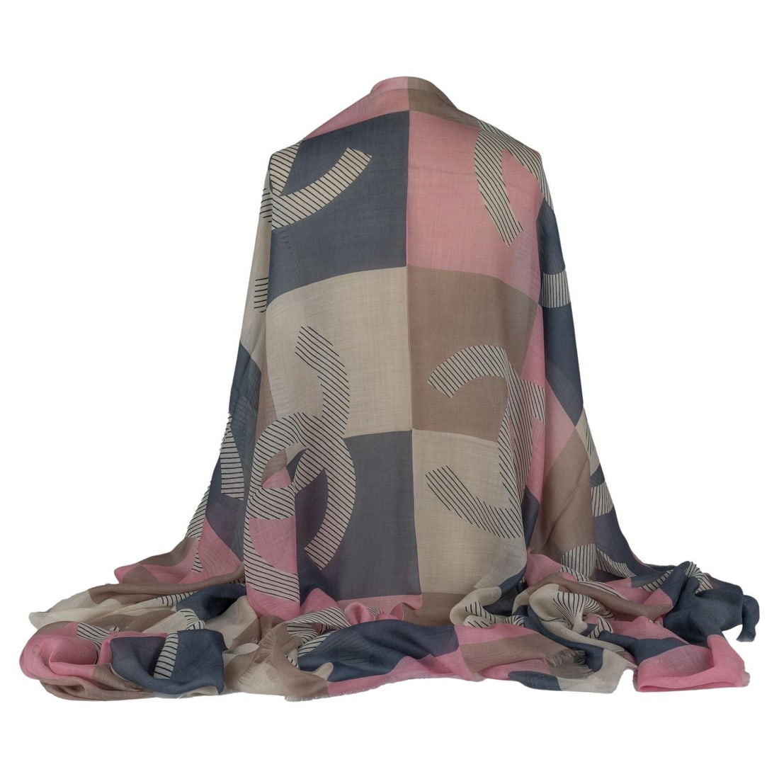 Chanel Cashmere Shawl Checkered Light Blue Rose CC Logo 56x76: Chanel Cashmere Shawl Checkered Light Blue Rose CC Logo 56x76 Elevate your accessory collection with this stunning Chanel Cashmere Shawl, featuring an elegant checkered pattern in light blue and rose 