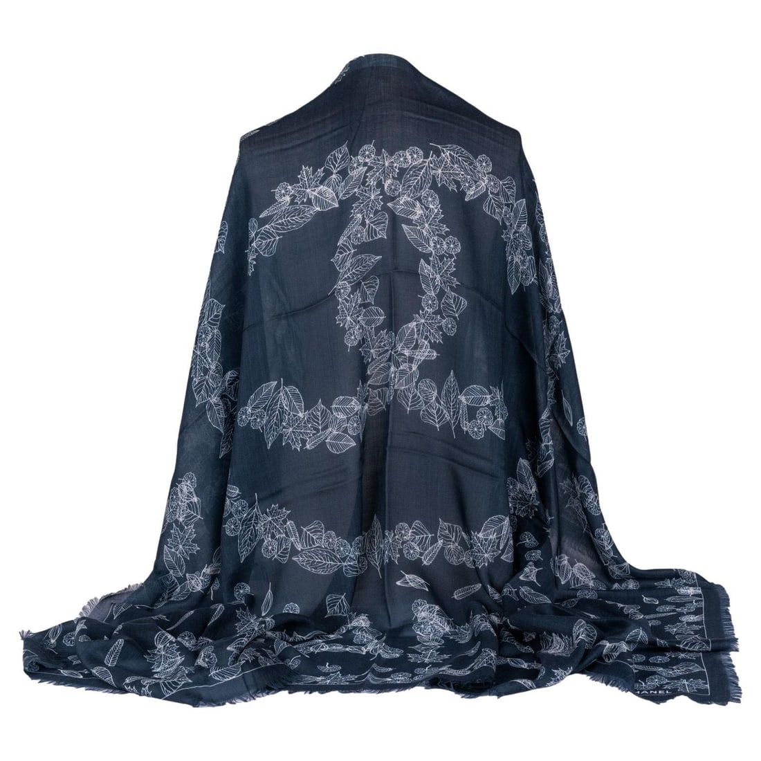 Chanel Cashmere Shawl Navy with CC Logo and Leaves Design: Chanel Cashmere Shawl Navy with CC Logo and Leaves Design Elevate your wardrobe with this exquisite Chanel Cashmere Shawl, featuring a stunning navy color adorned with a large CC logo framed by elegan
