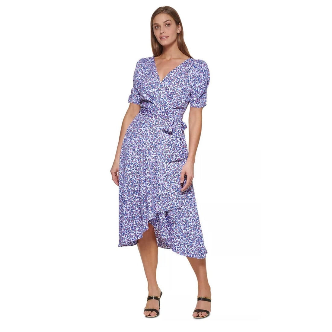 DKNY Floral Faux-Wrap Midi Dress Size 12 with Ruffle Trim: DKNY Floral Faux-Wrap Midi Dress Size 12 with Ruffle Trim Elevate your wardrobe with this stunning DKNY Floral-Print Faux-Wrap Ruffle Trim Midi Dress, designed specifically for a petite frame. Featuri