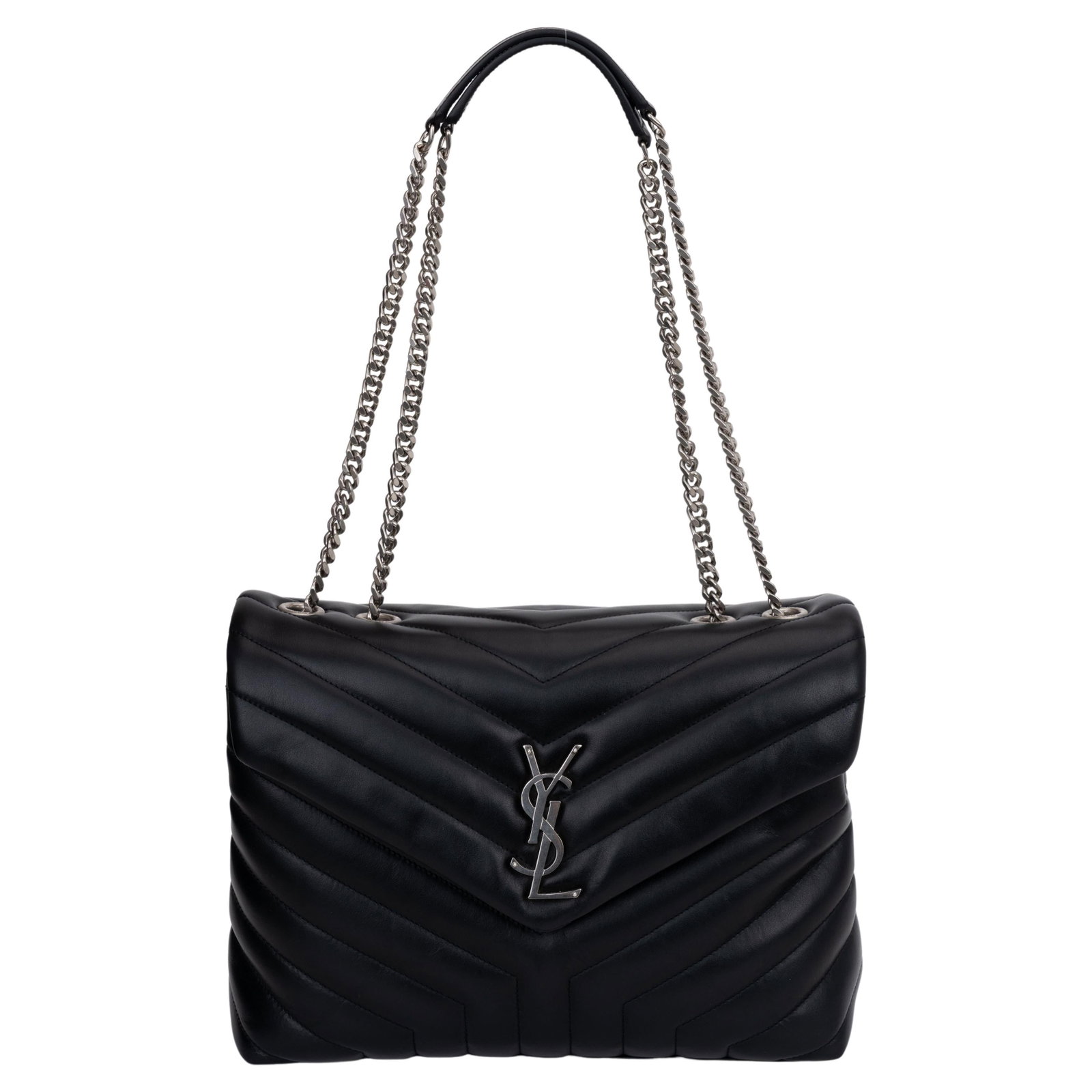 Yves Saint Laurent Black Loulou Shoulder Bag Ruthenium Hardware: Yves Saint Laurent Black Loulou Shoulder Bag Ruthenium Hardware This Yves Saint Laurent medium Loulou shoulder bag is a stunning accessory crafted from luxurious black chevron quilted leather, complem