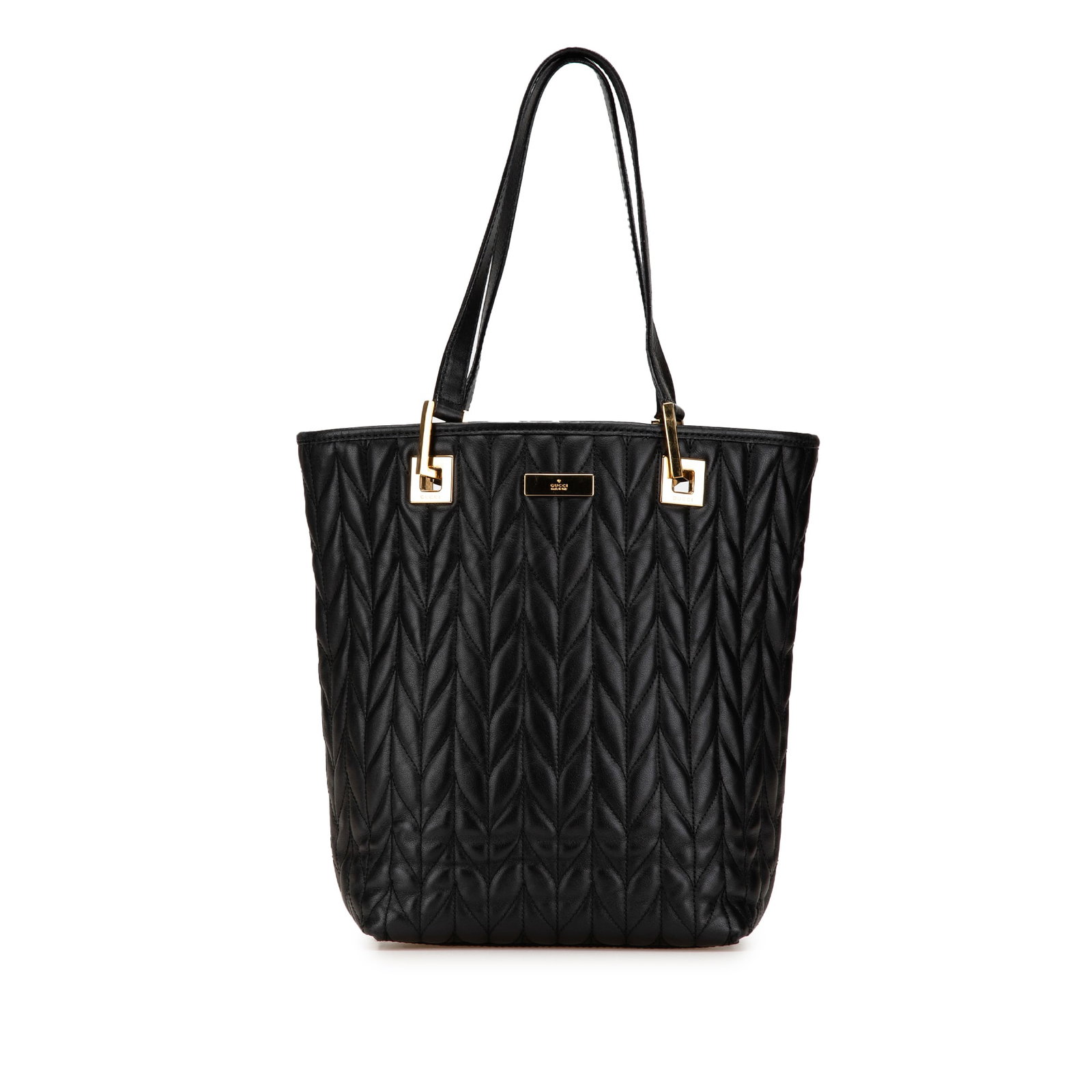 Gucci Black Quilted Leather Tote Bag Italy: Gucci Black Quilted Leather Tote Bag Italy This Gucci Quilted Leather Tote is designed for style and functionality. It features a luxurious quilted leather body in black, complemented by flat leather 