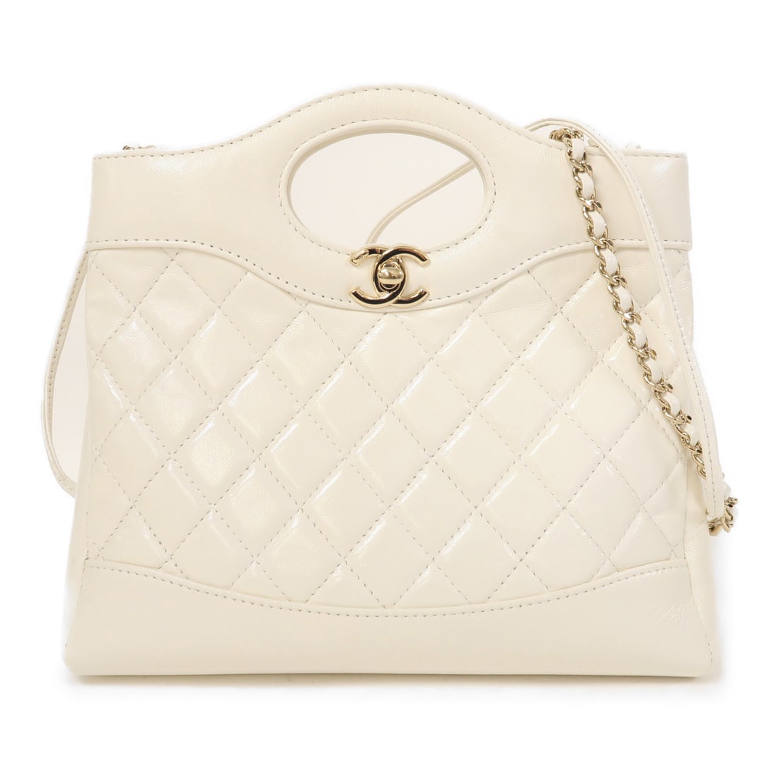 CHANEL 31 White Lambskin 2 Way Shoulder Bag AS4133 GHW: CHANEL 31 White Lambskin 2 Way Shoulder Bag AS4133 GHW This stunning CHANEL 2 Way Shoulder Bag is crafted from luxurious lambskin leather in a pristine white color. Measuring 9.1 in length, 6.7 in hei