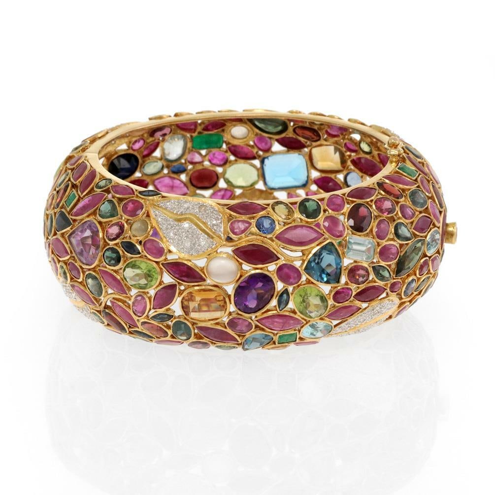 18k Yellow Gold Multicolor Gemstone & Diamond Wide Bangle Bracelet: 18k Yellow Gold Multicolor Gemstone & Diamond Wide Bangle Bracelet This stunning Estate bracelet is a testament to luxury, expertly crafted from 18k yellow gold. The bracelet features a striking 30mm