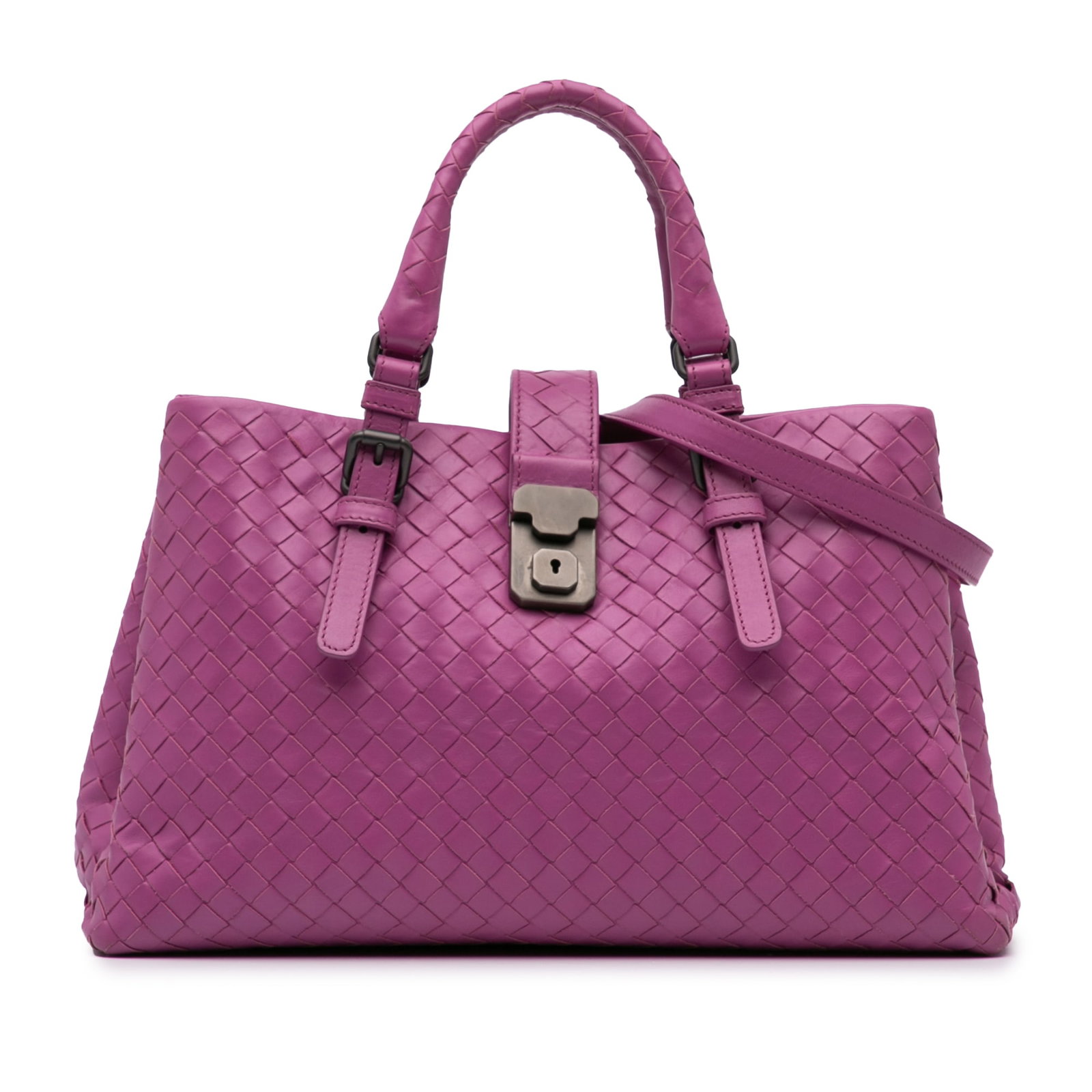 Bottega Veneta Medium Intrecciato Roma Satchel Purple Leather Bag: Bottega Veneta Medium Intrecciato Roma Satchel Purple Leather Bag Introducing the Bottega Veneta Medium Nappa Intrecciato Roma Satchel, a luxurious bag crafted from woven nappa leather. This stunning 