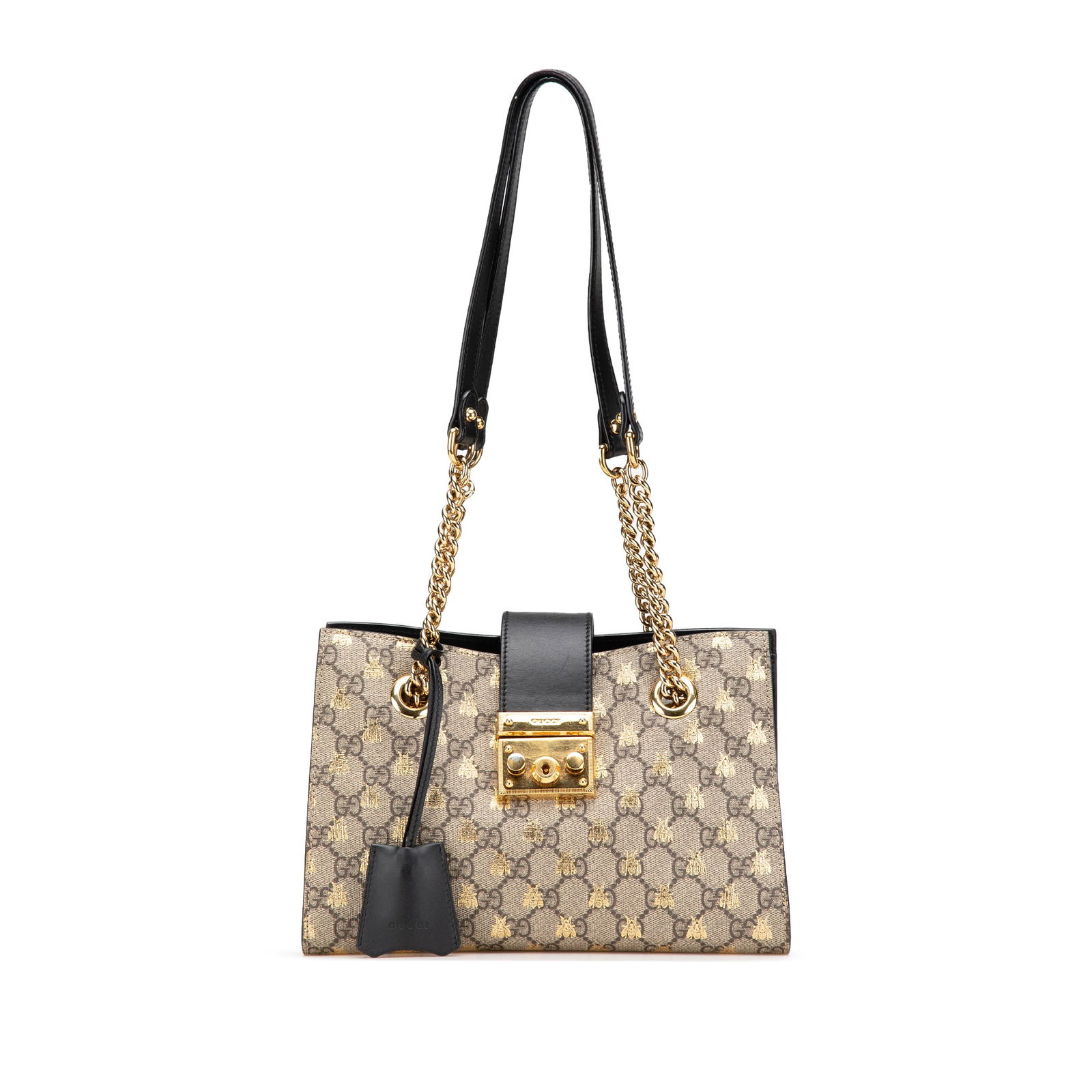 Gucci Small GG Supreme Bee Padlock Tote Brown Fabric Bag: Gucci Small GG Supreme Bee Padlock Tote Brown Fabric Bag This Gucci Small GG Supreme Bee Padlock Tote is a stylish and practical accessory crafted from printed coated canvas with leather trim. It feat