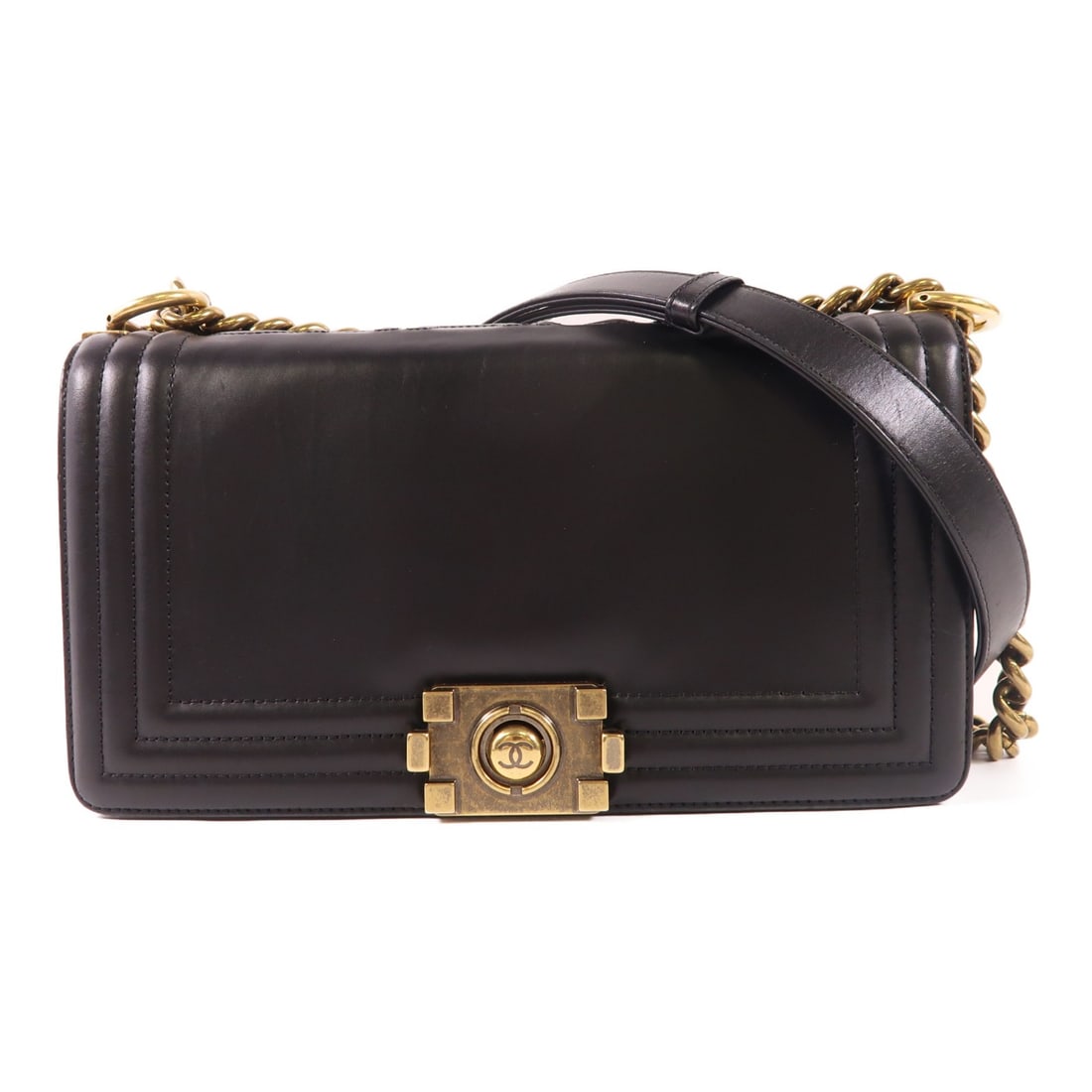 CHANEL Boy 25 Chain Shoulder Bag Black Calfskin Leather GHW: CHANEL Boy 25 Chain Shoulder Bag Black Calfskin Leather GHW Elevate your style with this CHANEL Boy 25 Chain Shoulder Bag, expertly crafted from luxurious calfskin leather in a sleek black finish. Thi