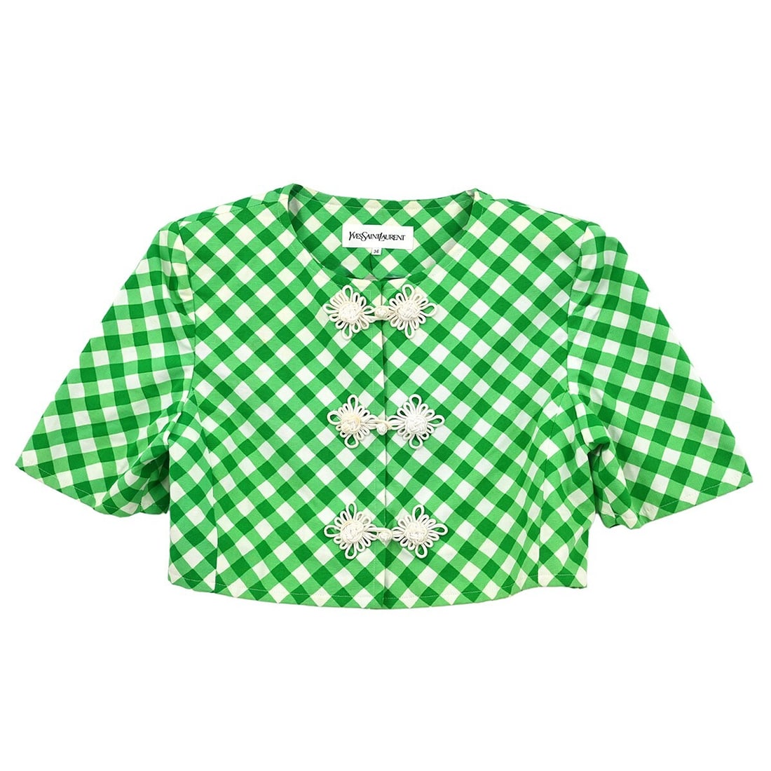 Yves Saint Laurent Collarless Green Cotton Jacket HZ295-675 #36: Yves Saint Laurent Collarless Green Cotton Jacket HZ295-675 #36 This stylish Yves Saint Laurent jacket features a collarless design and a vibrant green color, making it a perfect addition to your casu