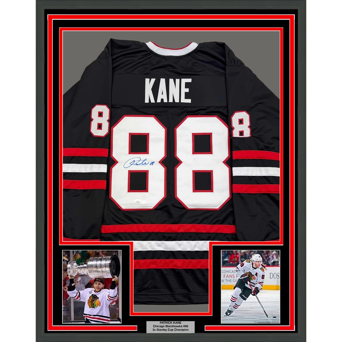 Framed Autographed Patrick Kane Chicago Blackhawks Jersey 35x39 JSA COA: Framed Autographed Patrick Kane Chicago Blackhawks Jersey 35x39 JSA COA This is a stunning framed Chicago Blackhawks jersey, autographed by NHL superstar Patrick Kane. This original piece is authentic