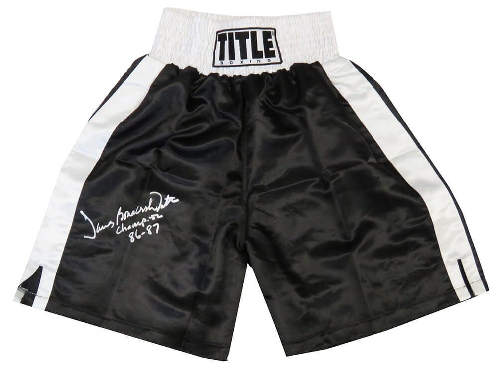 James Smith Signed Title Boxing Trunks Black White Champion 86-87: James Smith Signed Title Boxing Trunks Black White Champion 86-87 Celebrate the legacy of boxing with these James Smith signed Title boxing trunks, featuring a stylish black design accented with white