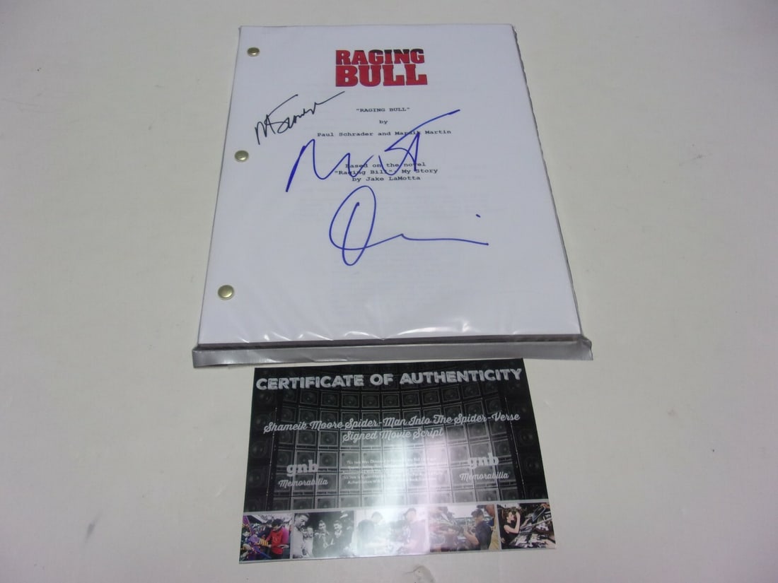 Signed Raging Bull Script by Robert De Niro & Martin Scorsese with COA: Signed Raging Bull Script by Robert De Niro & Martin Scorsese with COA This is an original signed full movie script for 'Raging Bull,' featuring the signatures of Robert De Niro and Martin Scorsese. T