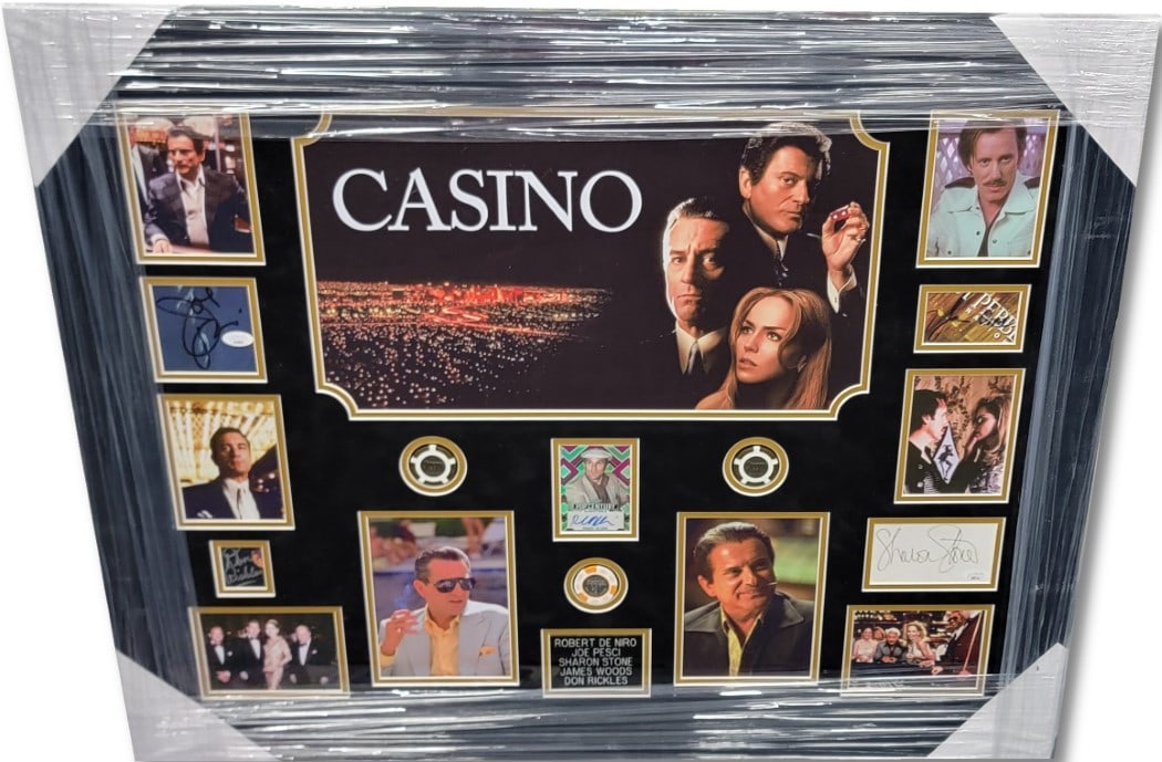 Casino Cast Signed Cuts Card De Niro Pesci Stone Woods Framed 35x28 JSA: Casino Cast Signed Cuts Card De Niro Pesci Stone Woods Framed 35x28 JSA This Casino Cast Autographed Cuts Card features the signatures of iconic actors Robert De Niro, Joe Pesci, Sharon Stone, James W