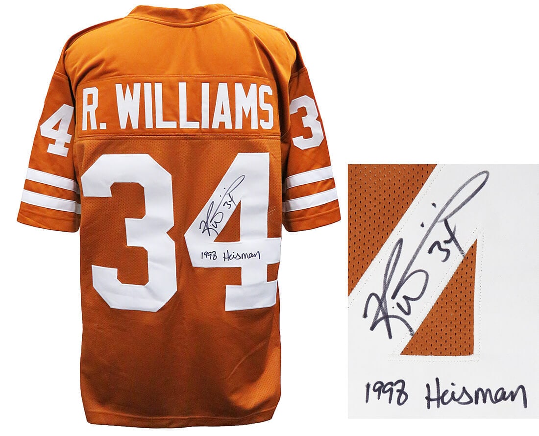 Ricky Williams Signed Texas Longhorns Jersey 1998 Heisman Inscription: Ricky Williams Signed Texas Longhorns Jersey 1998 Heisman Inscription Celebrate the legacy of Ricky Williams with this signed brown custom football jersey, featuring the inscription '1998 Heisman'. Th