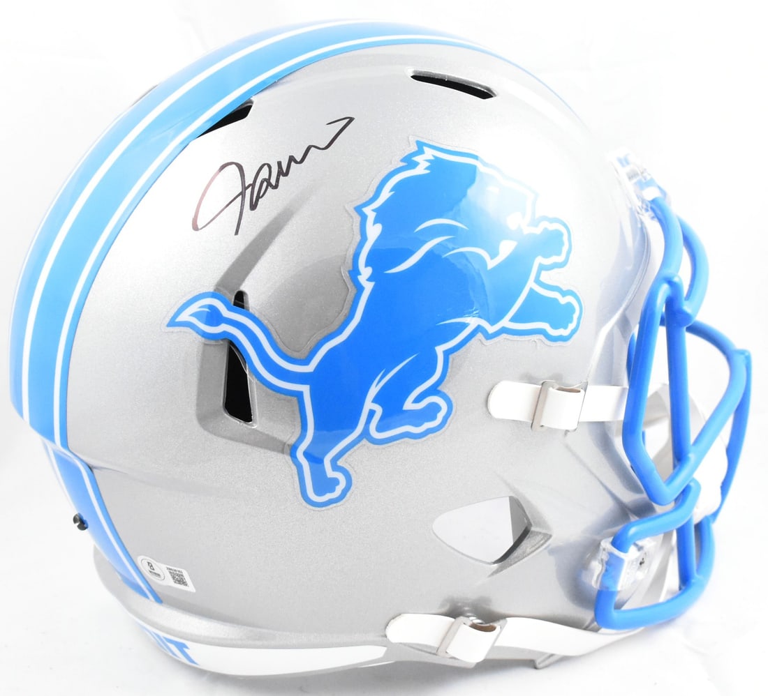 Jameson Williams Autographed Detroit Lions Speed Helmet Beckett Authenticated: Jameson Williams Autographed Detroit Lions Speed Helmet Beckett Authenticated Celebrate your passion for football with this autographed full-size Speed Replica helmet featuring Jameson Williams of the