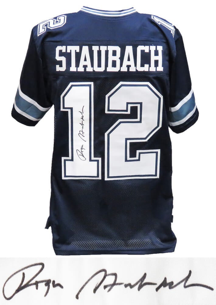 Roger Staubach Signed Dallas Cowboys Navy Jersey XL with COA: Roger Staubach Signed Dallas Cowboys Navy Jersey XL with COA Celebrate the legacy of NFL legend Roger Staubach with this signed navy custom jersey from the Dallas Cowboys. This original jersey feature