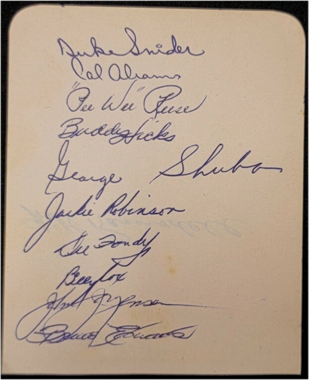 Jackie Robinson Pee Wee Reese Signed Index Card 1940s Dodgers JSA: Jackie Robinson Pee Wee Reese Signed Index Card 1940s Dodgers JSA This is an original index card featuring the autographs of legendary baseball players Jackie Robinson, Pee Wee Reese, Duke Snider, and