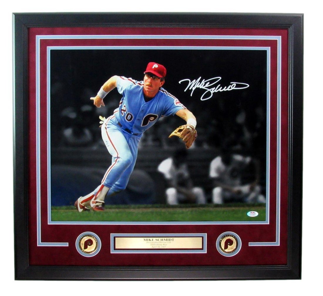 Mike Schmidt Autographed 16x20 Phillies Photo Framed PSA/DNA 26x24: Mike Schmidt Autographed 16x20 Phillies Photo Framed PSA/DNA 26x24 Celebrate the legacy of baseball legend Mike Schmidt with this stunning autographed 16x20 photo, beautifully framed and perfect for d
