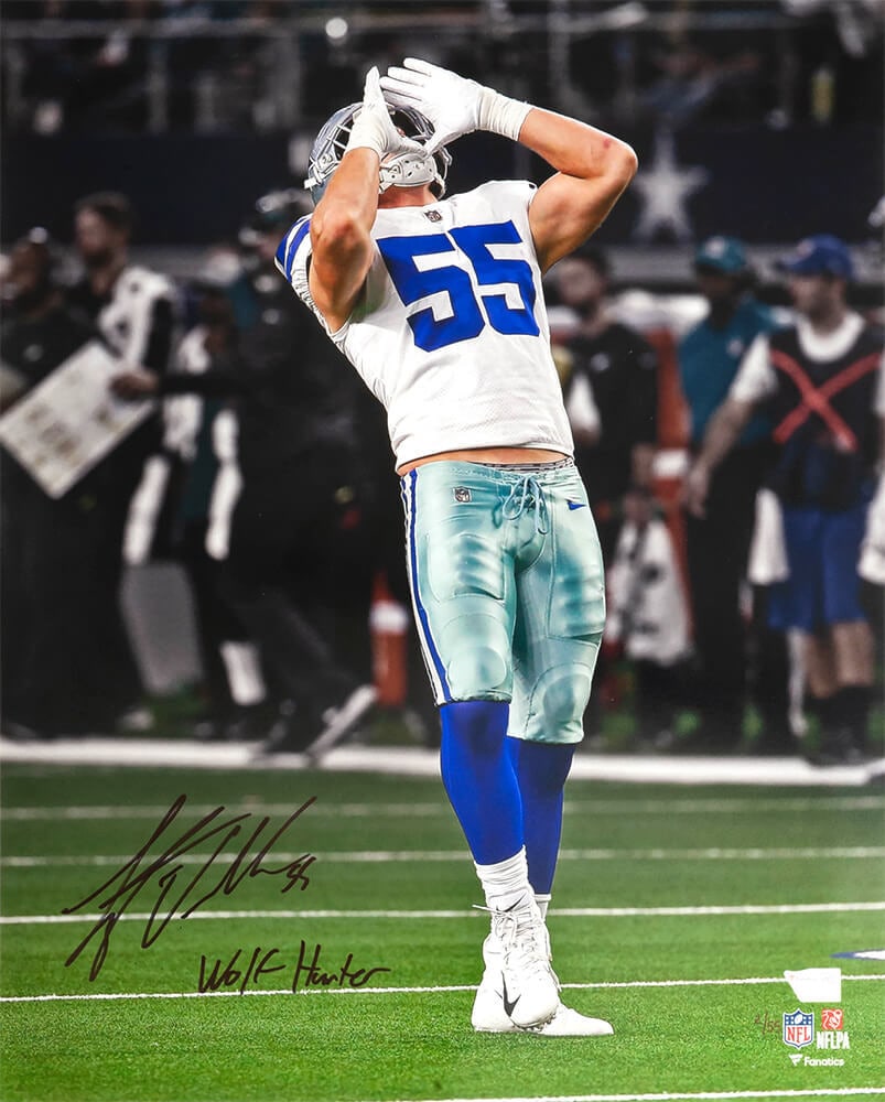 Leighton Vander Esch Signed 16x20 Cowboys Photo #/55 with Wolf Hunter Inscription: Leighton Vander Esch Signed 16x20 Cowboys Photo #/55 with Wolf Hunter Inscription This stunning 16x20 photo captures Leighton Vander Esch in a celebratory moment with the inscription 'Wolf Hunter.' It