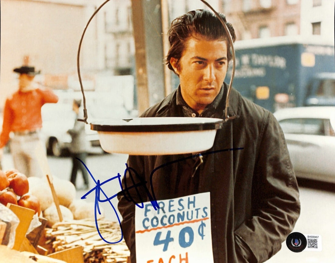 Dustin Hoffman Midnight Cowboy Signed 8x10 Photo Beckett Certified: Dustin Hoffman Midnight Cowboy Signed 8x10 Photo Beckett Certified This autographed 8x10 photograph features Dustin Hoffman, renowned for his role as "Ratso Rizzo" in the classic film Midnight Cowboy.