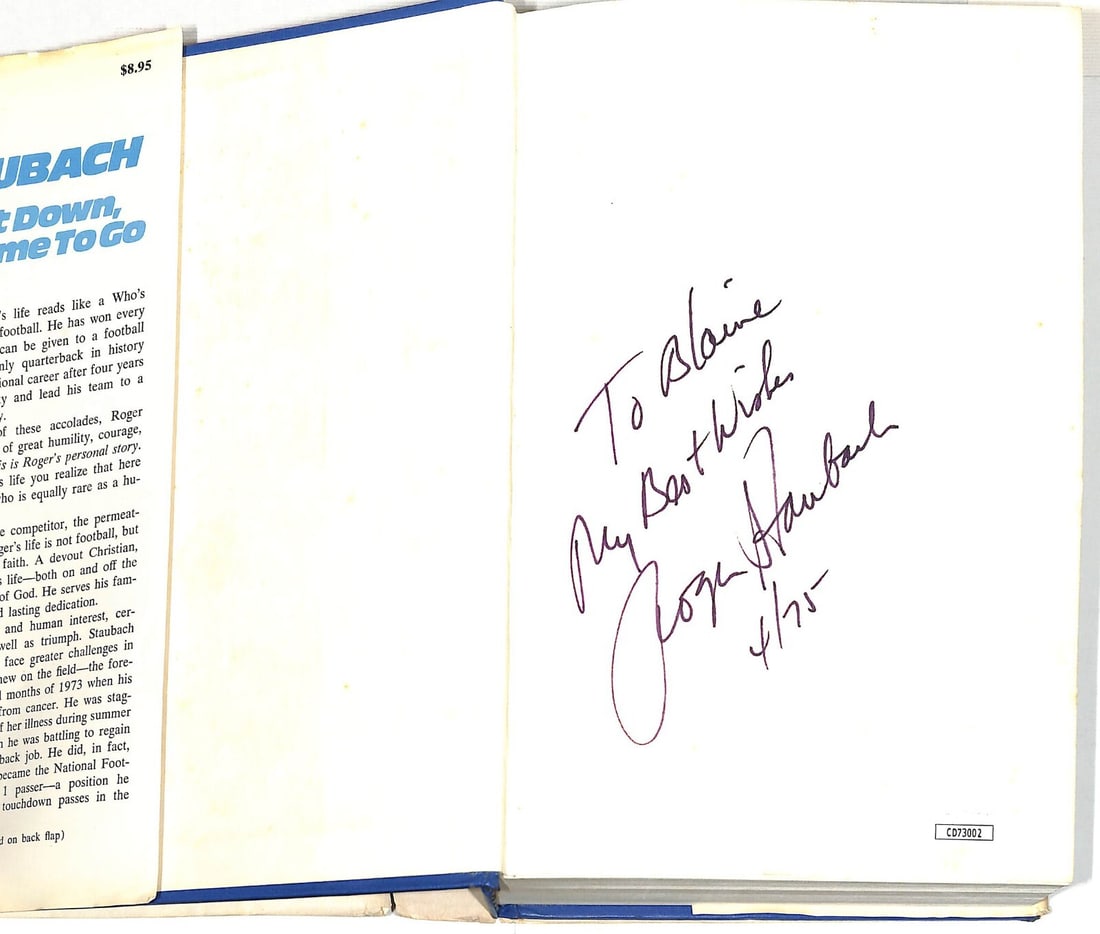 Roger Staubach Autographed First Down Lifetime To Go Book JSA Cowboys: Roger Staubach Autographed First Down Lifetime To Go Book JSA Cowboys This is a pre-owned hardcover book titled "First Down, Lifetime To Go" autographed by legendary football player Roger Staubach. Th