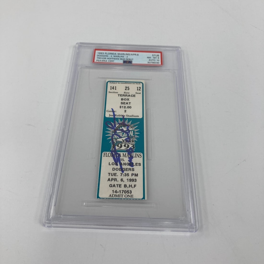 Trevor Hoffman Signed MLB Debut Ticket PSA 10 April 6 1993: Trevor Hoffman Signed MLB Debut Ticket PSA 10 April 6 1993 This is a vintage ticket stub from Trevor Hoffman's Major League Baseball debut on April 6, 1993, where he faced the Florida Marlins and reco