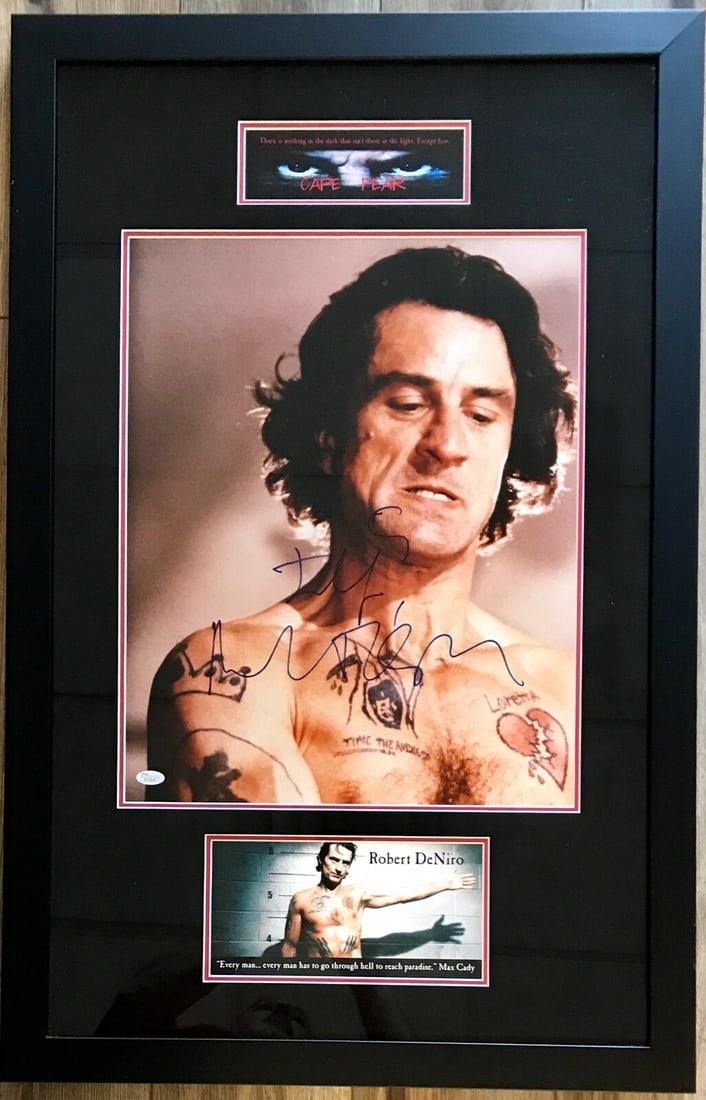 Robert De Niro Max Cady Signed 16x20 Photo Custom Framed Display JSA: Robert De Niro Max Cady Signed 16x20 Photo Custom Framed Display JSA This stunning custom framed display features a 16x20 photograph of Robert De Niro as Max Cady from the acclaimed movie "Cape Fear."