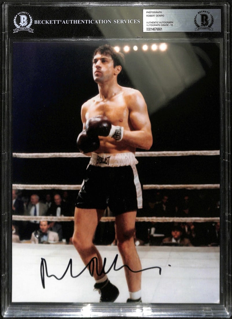 Robert De Niro Raging Bull Signed 8x10 Photo Beckett Authenticated: Robert De Niro Raging Bull Signed 8x10 Photo Beckett Authenticated This is an autographed 8x10 color photograph featuring Robert De Niro, renowned for his role in the classic film Raging Bull. The sig