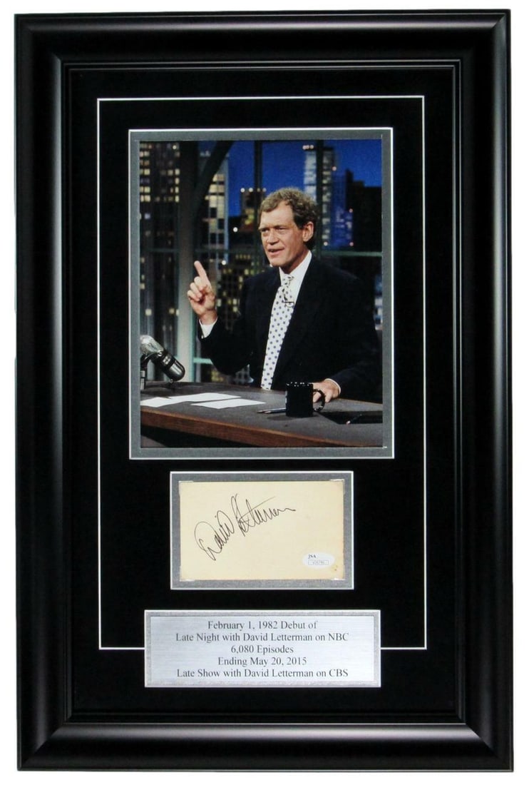 David Letterman Signed Late Night Show Photo & Index Card Framed JSA Authenticated 15x23: David Letterman Signed Late Night Show Photo & Index Card Framed JSA Authenticated 15x23 This offering features a signed index card and photo of David Letterman from his debut on the "Late Night Show.