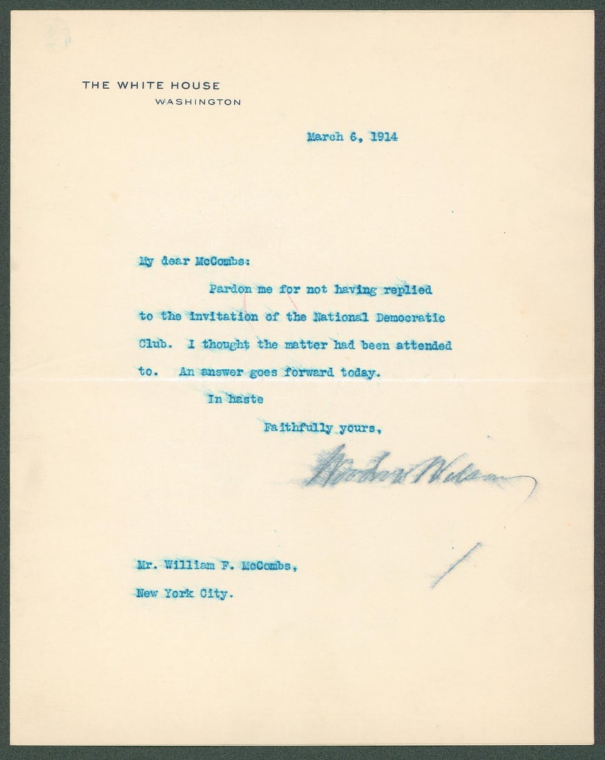 Woodrow Wilson Signed Letter March 6 1914 White House Beckett COA 7x8.8: Woodrow Wilson Signed Letter March 6 1914 White House Beckett COA 7x8.8 This is an authentic letter personally signed by Woodrow Wilson, dated March 6, 1914, on White House letterhead. The item comes 