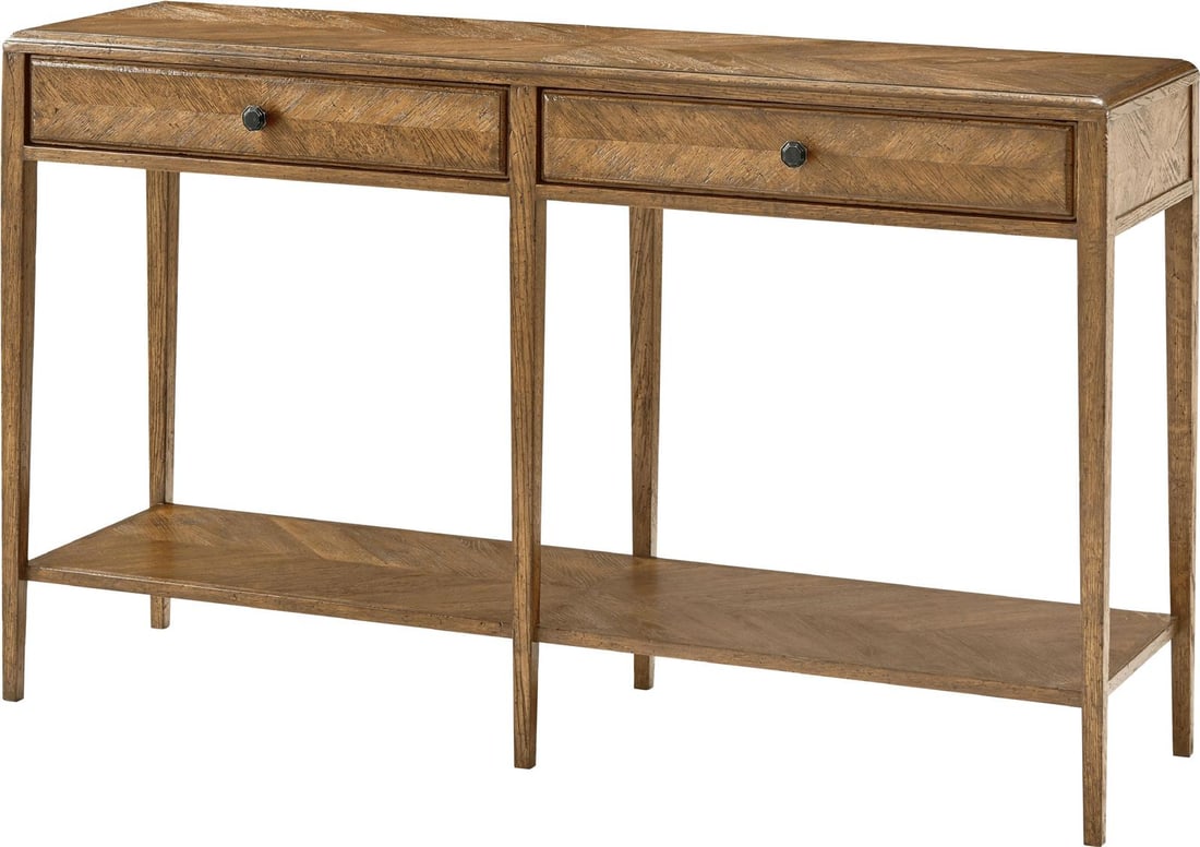 Theodore Alexander Rustic Nova Drawer Console Table: Theodore Alexander Rustic Nova Drawer Console Table Introducing the Rustic Nova Console, a stunning addition to modern interiors that combines functionality with style. This drawer console table featu