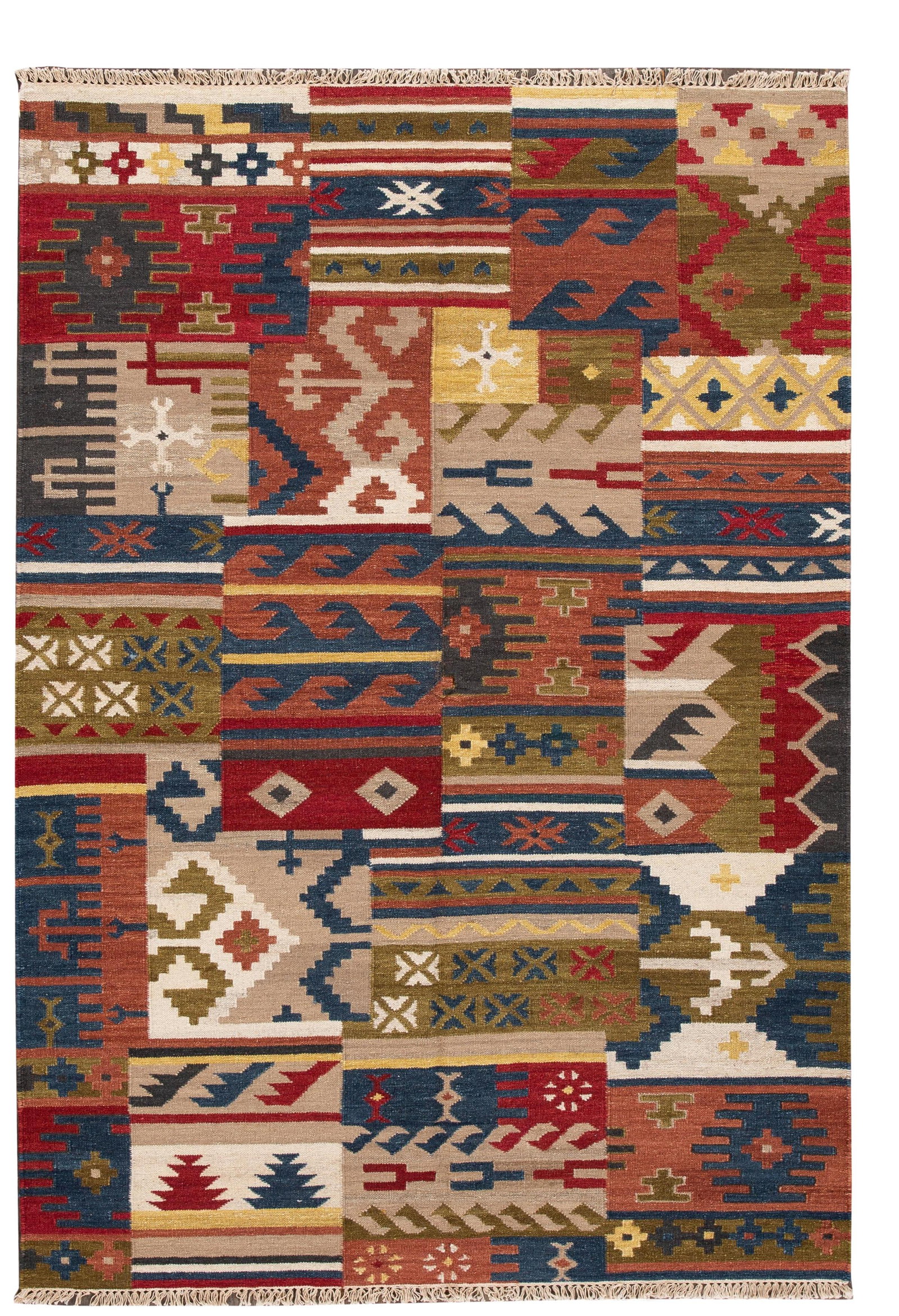 Hand-Woven Contemporary Kilim Rug 5'7'' x 8'1'' Tan Wool: Hand-Woven Contemporary Kilim Rug 5'7'' x 8'1'' Tan Wool Enhance your space with this exquisite hand-woven contemporary Kilim rug featuring a tan field adorned with vibrant multi-color accents in a ca