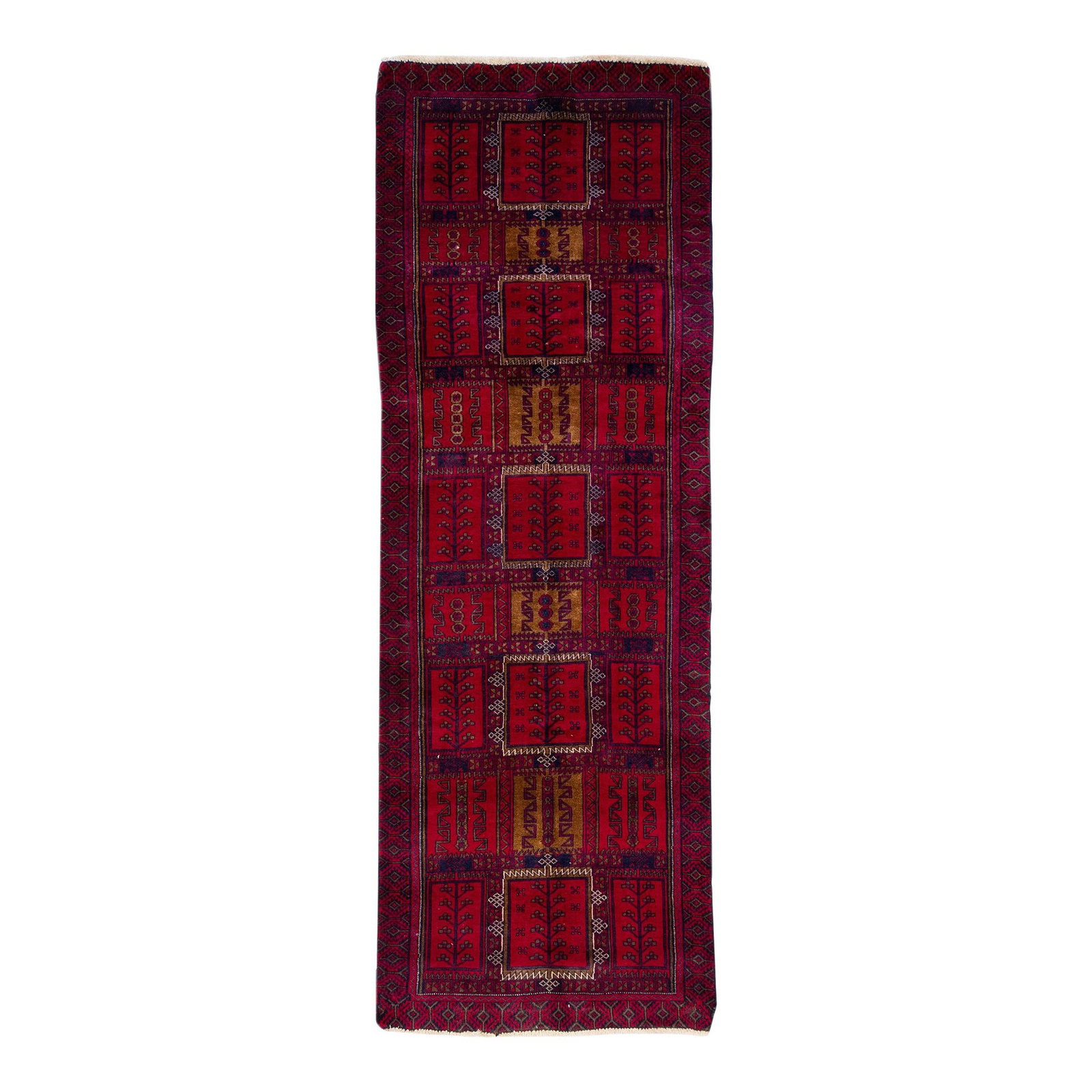 Vintage Persian Shiraz 3'2 x 9' Wool Runner Red Tribal Design: Vintage Persian Shiraz 3'2 x 9' Wool Runner Red Tribal Design Beautiful vintage Persian Shiraz hand-knotted wool rug with a red color field. This piece has a red frame and multicolor accents in an all