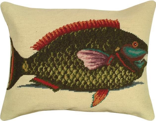Antique Style Parrot Fish Pillow: Antique Style Parrot Fish Pillow Add a touch of vintage charm to your decor with this antique style parrot fish pillow. This handmade decorative pillow features a colorful fish design with intricate n
