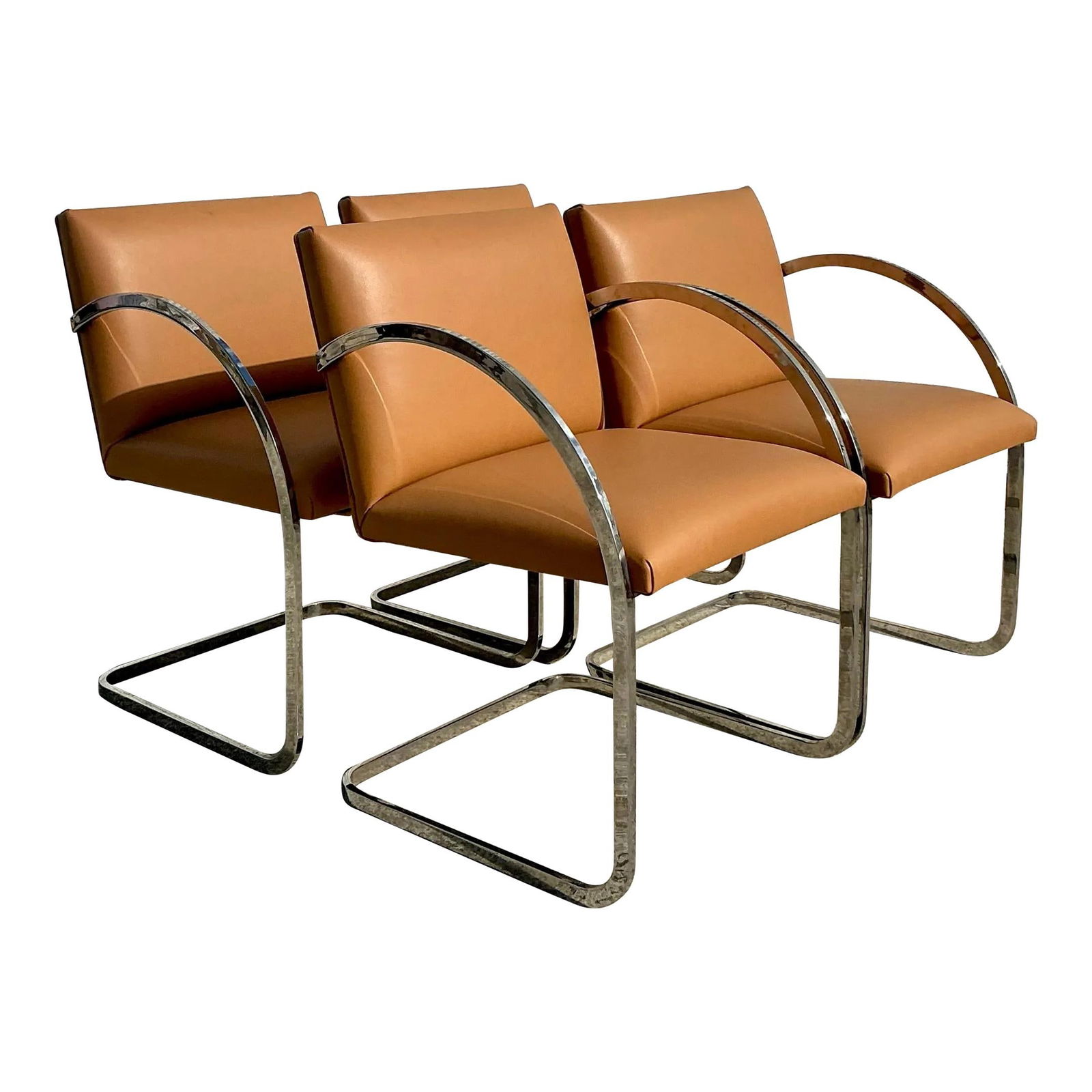 Vintage Boho After Brueton Dining Chairs Set of 4 with Stainless Steel Frames: Vintage Boho After Brueton Dining Chairs Set of 4 with Stainless Steel Frames Enhance your dining experience with this set of four vintage Boho After Brueton flat bar dining chairs. These chairs featu