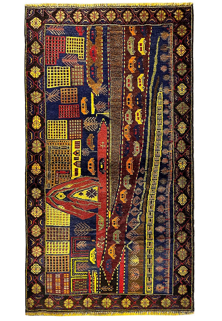 4' x 7' Handwoven Afghan Wool Rug with Tribal Patterns: 4' x 7' Handwoven Afghan Wool Rug with Tribal Patterns Introducing the 4' x 7' Scenery Tribal Afghan Wool Rug, a stunning addition to your home that showcases the artistry of skilled Afghan artisans. 