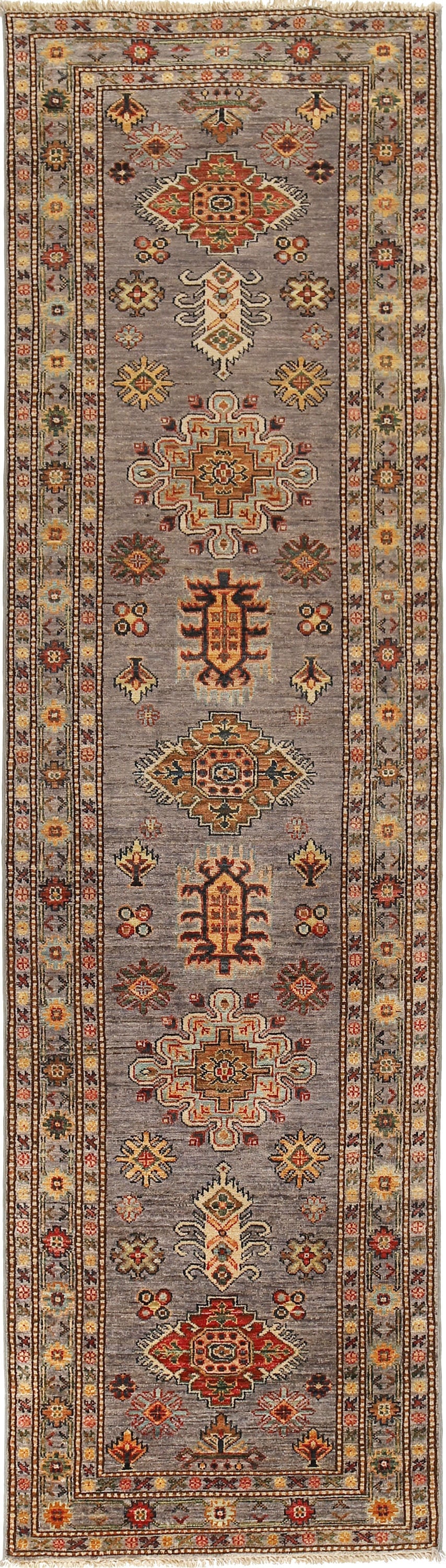 Handcrafted 2.8 x 10.1 Super Kazak Runner Rug in Gray Wool: Handcrafted 2.8 x 10.1 Super Kazak Runner Rug in Gray Wool Discover the captivating 2.8 x 10.1 Super Kazak Runner Rug, an exquisite piece that showcases exceptional craftsmanship and timeless beauty. 