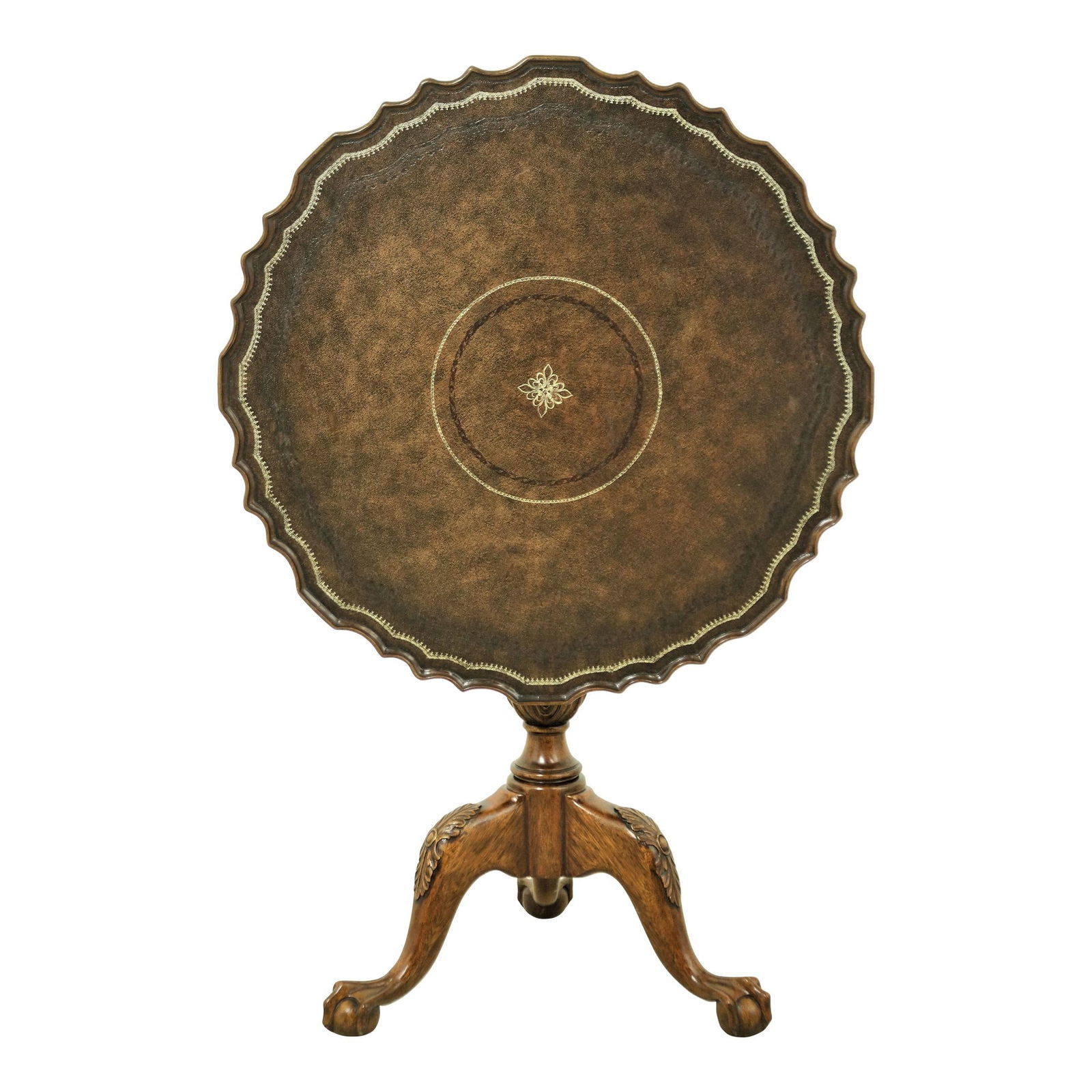 Chippendale Style Mahogany Tilt Top Table with Leather Top: Chippendale Style Mahogany Tilt Top Table with Leather Top This exquisite tilt-top table showcases a classic Chippendale design with ball and claw feet, crafted from mahogany and featuring a tooled le