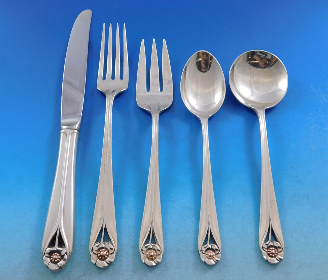 Frank Smith Golden Age 39pc Sterling Silver Flatware Set with 14k Rose Gold: Frank Smith Golden Age 39pc Sterling Silver Flatware Set with 14k Rose Gold Elevate your dining experience with this exquisite Golden Age sterling silver flatware set by Frank Smith. This 39-piece col